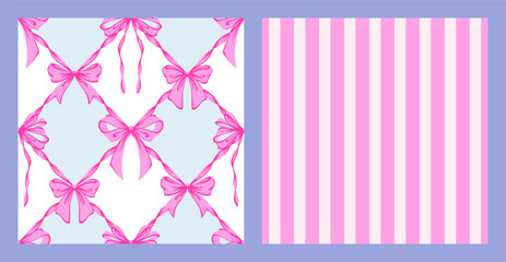 Ribbon Bow Coquette Seamless Pattern Set. Hand-Drawn Feminine Pink and Blue Backgrounds with Soft Stripes and garland of bows. Romantic Design. Perfect for Lovely and Whimsical Valentines Day Backdrop