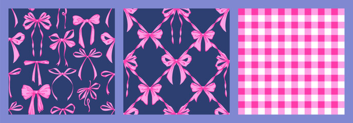 Ribbon Bow Coquette Seamless Pattern Set. Purple Hand-Drawn Feminine Lattice Checkered Pattern Backgrounds with garland of bows. Romantic Design. Perfect for Lovely, Whimsical Valentines Day Backdrop