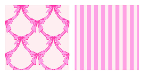 Ribbon Bow Coquette Seamless Pattern Set. Hand-Drawn Feminine Pink Backgrounds with Soft Stripes and garland of bows. Romantic Design. Perfect for a Lovely and Whimsical Valentine’s Day Backdrop
