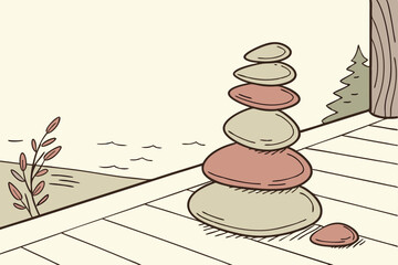 120 balanced colorful stone pyramid,minimalist still life,natural lighting,organic shapes,wooden surface,zen concept,peaceful atmosphere