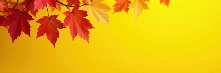 Crisp autumn leaves descend against a bright yellow backdrop , branch, autumnleaves