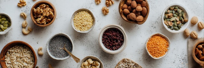 Brightly Lit Table With a Variety of Nuts and Seeds Arranged in Wooden Bowls