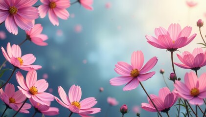 Obraz premium Delicate pink cosmos border, AI generated floral design , illustration, cosmos, pretty