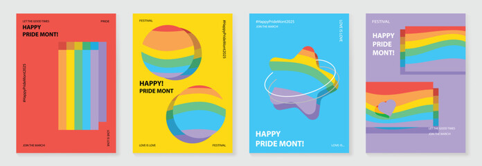 Happy Pride month poster background vector set. LGBTQ community symbol with rainbow, pride flag, heart, star. Design for celebration, bisexual, transgender, gender equality, rights, ads.