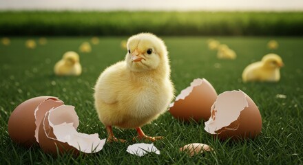 Cute baby chick standing on green grass surrounded by broken eggshells in a sunny farm setting with multiple chicks in background