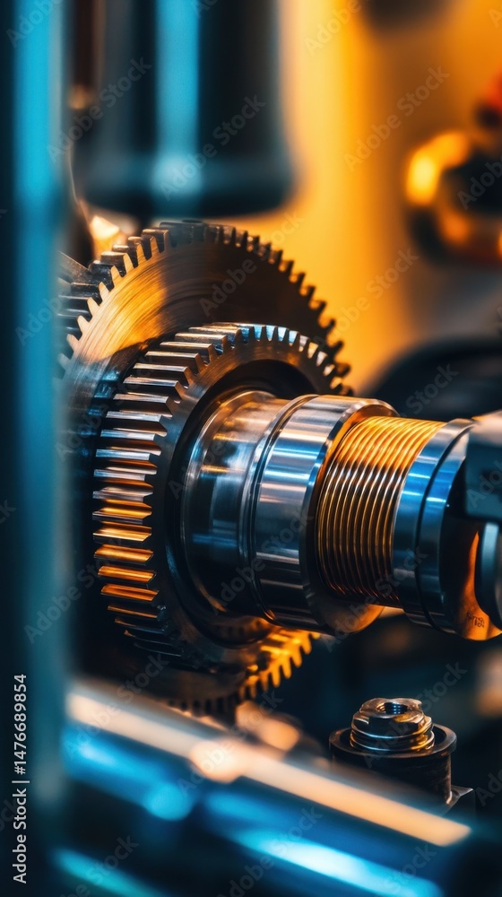 Poster close-up of industrial gears and components in a machine, showcasing precision engineering and mecha