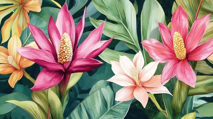 Tropical Flowers and Foliage Watercolor Painting Style Close-up Exotic Blooms Pink White Yellow Green Leaves