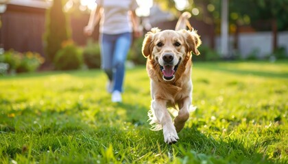 Happy golden retriever running towards the camera in a sunlit green backyard with owner