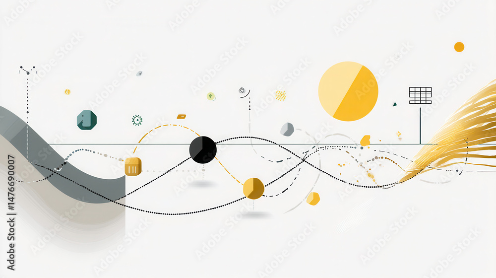 Poster minimalist abstract design of energy flow with geometric shapes and lines, representing dynamic move