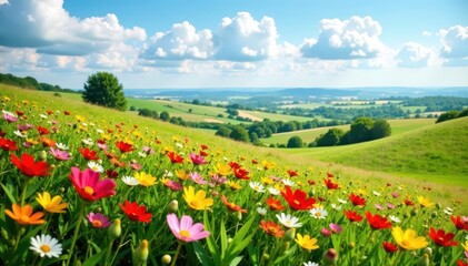 Obraz premium Rolling hills, vibrant wildflowers bloom across a prairie landscape , habitat, wildlife