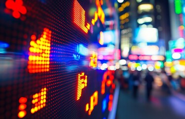 Blurred Cityscape at Night with Stock Market Display and Motion Blur Traffic in an Urban Setting with Bokeh Lights and Abstract Patterns Showing Financial Data