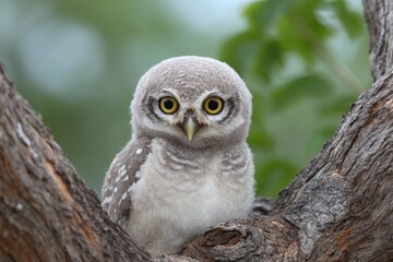 Fototapeta premium Adorable Baby Owl Perched on a Tree Branch: A Serene Wildlife Portrait