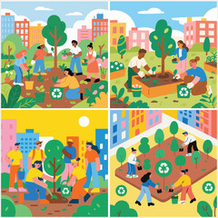 Collage of four illustrative vectors depicting urban green spaces.