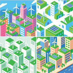Collage vector of isometric cityscapes illustrate renewable energy.