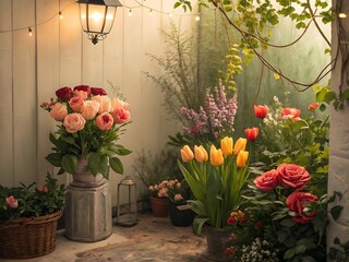 Romantic evening garden scene with flowers in pots and string lights above