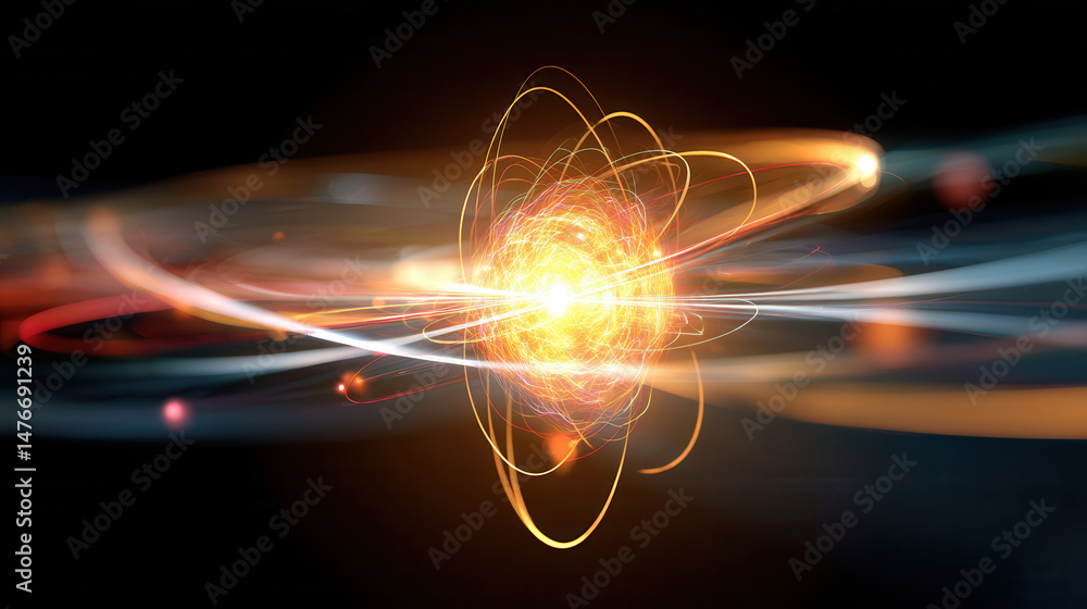 Poster bright, energetic explosion with swirling light trails and glowing orbits radiates from central poin