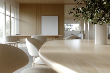 Fototapeta premium Bright Minimalist Dining Room with Wooden Table and Chairs in Natural Light Home Interior Featuring Vase with Green Branches White Wall Art and Neutral Color Palette
