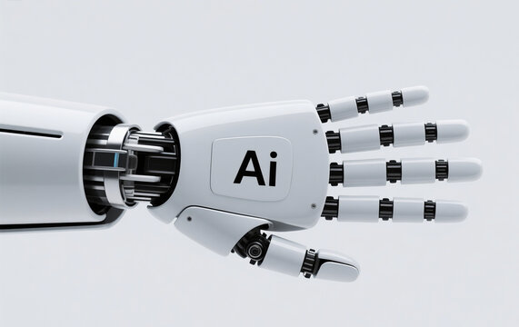 A single robotic hand designed with precision by AI technology, displayed against a clean white background. The design is sleek and futuristic