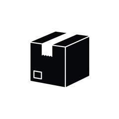 Black and white simple illustration of a cardboard box with tape and blank label vector.