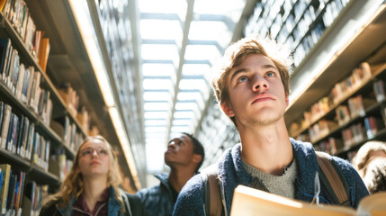 Diverse young adults exploring library with books and backpacks