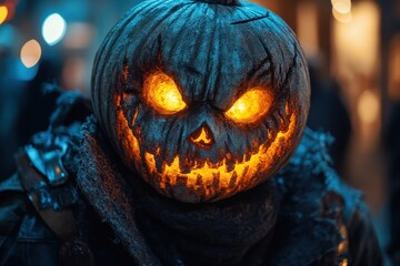 Creative carved pumpkin with glowing eyes displayed in a festive autumn setting during a Halloween night event