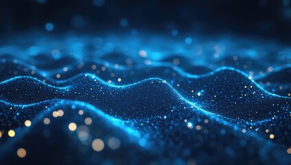 Abstract digital landscape of shimmering particles, creating rippling waves in a deep blue and gold.  A dynamic visual representation of data flow and complex structures