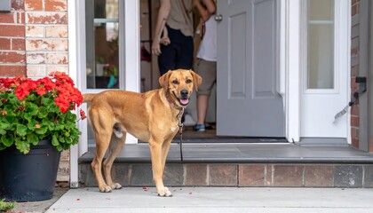 Happy Labrador Retriever Dog Standing Guard on Porch Welcoming People Home with Vibrant Red Geraniums for a Cheerful Scene