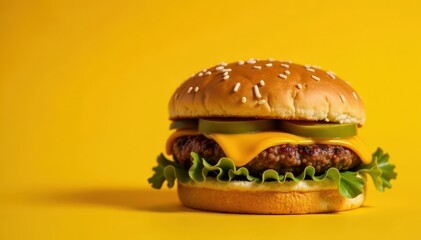 Close-up, mouthwatering burger, cheddar, yellow background, menu, image
