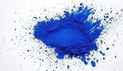 Vibrant blue powder explosion on a white background, showcasing dynamic, splatter effects