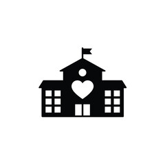 Schoolhouse building icon featuring a heart symbol illustrating education and love