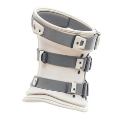 A rigid plastic cervical collar with chin support and padding, side view, isolated on a white background with ample space around the object, realistic style