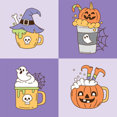 Set of cute vector Halloween drinks. Hand drawn creepy Halloween clipart. EPS 10 vector file.