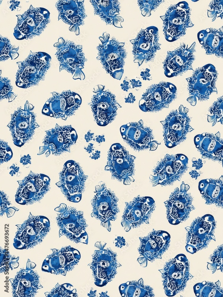 Poster Japanese-style Fish Print Pattern Featuring Blue and White Design on a Light Background With a Clean Central Area for Decorative Use