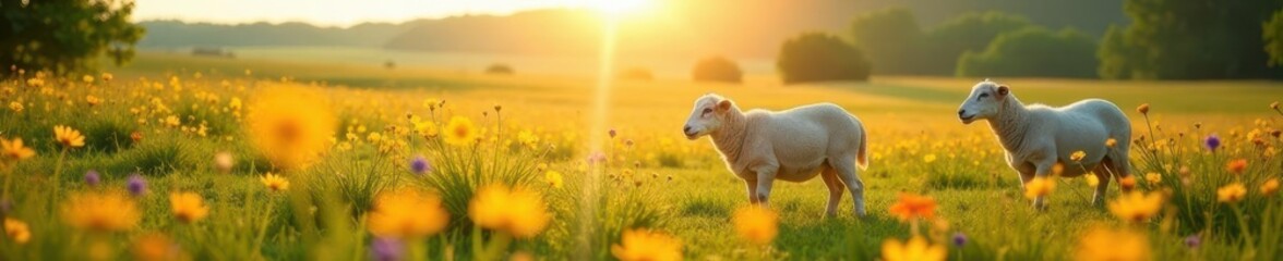 Fototapeta premium Sun-drenched ewes graze amidst colorful wildflowers , bright, grass, wildflower