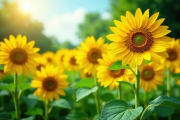 Fototapeta premium Vibrant sunflowers, sunny yellow hues, lush green foliage, beautiful, summer
