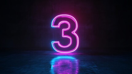 Glowing Neon Number 3 with Reflections Against Textured Dark Concrete Backdrop