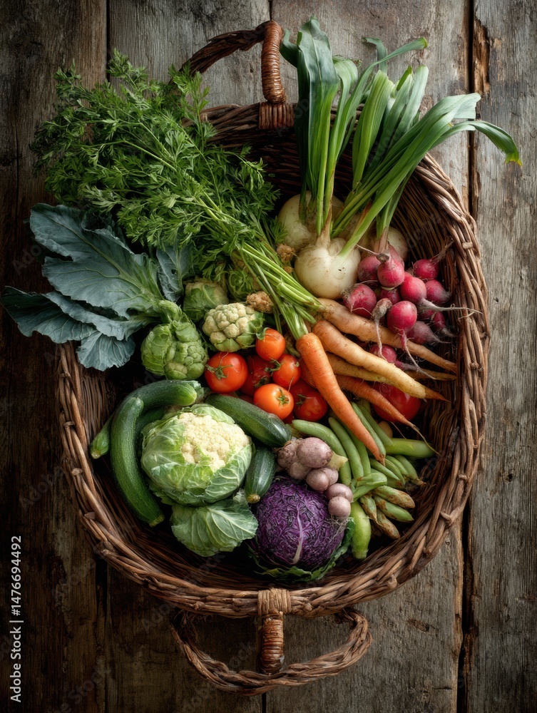 Aufkleber Fresh Organic Vegetables Arranged in a Woven Basket on a Rustic Wooden Table With Ample Space in the Upper Left