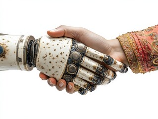 Human and Robotic Hand Shake Symbolizes Collaboration and Partnership