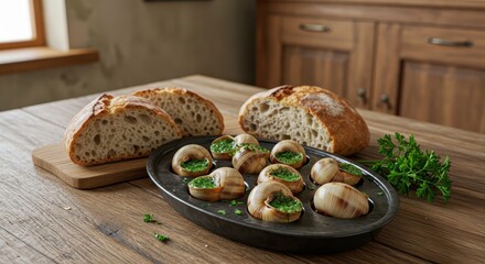 Delicious Escargot Served with Freshly Baked Bread on a Rustic Wooden Table with Herbs and a Warm Atmosphere