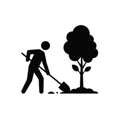 Planting a tree symbolizing environmental stewardship and growth in a simple black and white style