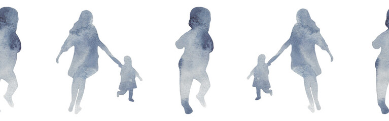 Watercolor border with silhouettes of a baby and family.Brush strokes in the form of blue silhouettes of bear.Silhouette of toy on white background