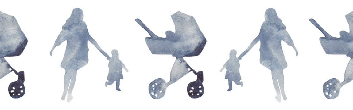 Watercolor border with silhouettes of a family and a stroller.Brush strokes in the form of blue silhouettes of bear.Silhouette of toy on white background.	