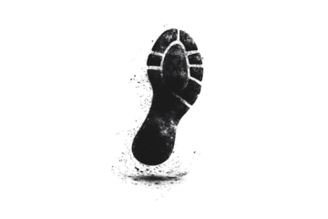 Single rugged boot print on a dark surface, detailed with tread marks and powder-like dust, isolated on a transparent background