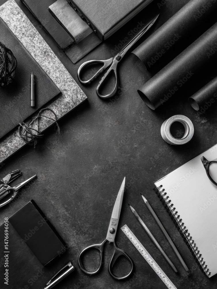 Poster monochrome workspace featuring wrapping tools and stationery on a desk with a top view in a creative