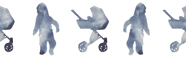 Watercolor border with silhouettes of an baby and a stroller.Brush strokes in the form of blue silhouettes of bear.Silhouette of toy on white background.	