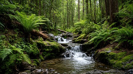 Obraz premium Serene Cascading Creek in a Lush Redwood Forest