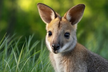 Fototapeta premium Adorable Red-Necked Wallaby Joey: Serene Nature Portrait