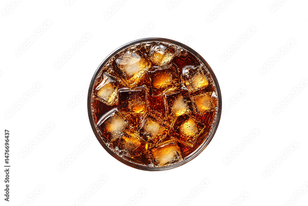 Poster top view of fizzy cola with sparkling ice cubes, bubbles rising through dark brown liquid, isolated 