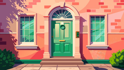Fototapeta premium Light green door on pink-walled vintage Irish house in sunlight Very beautiful,