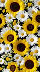 Fototapeta premium Vibrant Sunflowers and Daisies Floral Pattern Background Summer Blossoms